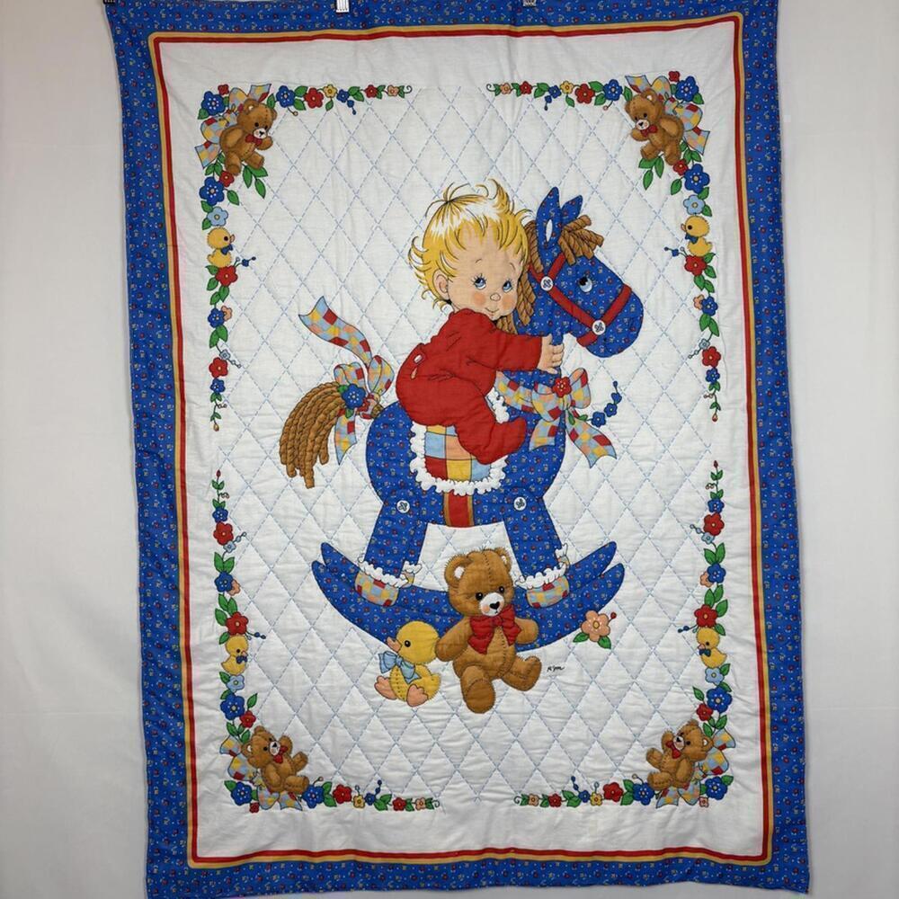 Baby Boy European Swedish Inspired Rocking Horse Nursery Quilt